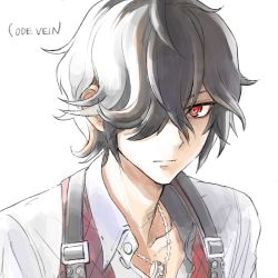 Rule 34 | 1boy, absurdres, belt buckle, black hair, buckle, buttons, closed mouth, code vein, collarbone, collared shirt, copyright name, hair over one eye, highres, jewelry, kurumi kobayashi, looking to the side, louis (code vein), male focus, neck, necklace, red eyes, shirt, short hair, simple background, solo, upper body, white background