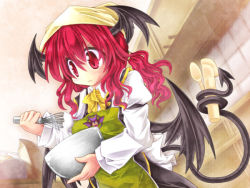 Rule 34 | &gt;:&lt;, 1girl, :&lt;, apron, armband, ascot, baking, bat wings, black wings, bowl, closed mouth, cooking, demon tail, dress shirt, head scarf, head wings, kitchen, koakuma, long hair, low wings, mumumu, red eyes, red hair, serious, shirt, solo, spatula, spoon, tail, tail wrap, touhou, v-shaped eyebrows, whisk, white shirt, wings