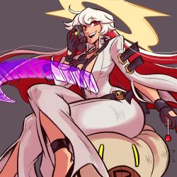 Rule 34 | 1girl, absurdres, ahoge, ankh, ankh necklace, bell-bottoms, black gloves, breasts, candy, spiked halo, crossed legs, eyebrows hidden by hair, food, gloves, grey background, guilty gear, guilty gear xrd, halo, highres, holding, holding mask, jack-o&#039; valentine, jumpsuit, lollipop, long hair, looking at viewer, mask, multicolored hair, open mouth, pants, plunging neckline, red eyes, red hair, scruffyturtles, simple background, sitting, solo, teeth, two-tone hair, upper teeth only, very long hair, white hair