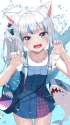 Rule 34 | 1girl, animal ears, blue background, blue dress, blue eyes, blue hair, blue nails, blush, cat ears, collarbone, dress, fins, fish tail, gawr gura, gawr gura (casual), gradient background, hair ornament, highres, hololive, hololive english, kanzi, looking at viewer, multicolored hair, nail polish, official alternate costume, open mouth, paw pose, shark, shark tail, sharp teeth, side ponytail, solo, tagme, tail, teeth, two-tone hair, upper teeth only, virtual youtuber, white hair