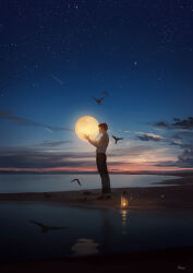 Rule 34 | 1boy, animal, artist name, bird, black pants, brown hair, cloud, collared shirt, from side, full moon, han yijie, highres, holding moon, holding orb, lantern, long sleeves, male focus, moon, nature, night, night sky, ocean, orb, original, outdoors, pants, profile, reflection, reflective water, shirt, shooting star, shore, short hair, sky, standing, star (sky), starry sky, surreal, twilight, white shirt, wide shot