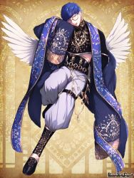 Rule 34 | 1boy, angel wings, black footwear, blue hair, brown eyes, earrings, full body, glasses, gold trim, jewelry, male focus, morino bambi, original, pandora party project, simple background, sleeves past fingers, sleeves past wrists, solo, thigh strap, wide sleeves, wings, yellow background, yellow eyes