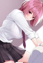 Rule 34 | 1girl, black skirt, blush, bra visible through clothes, breasts, closed mouth, commentary request, diagonal-striped clothes, diagonal-striped necktie, huyumitsu, large breasts, leaning forward, looking at viewer, looking to the side, miniskirt, necktie, original, paid reward available, pillow, pink hair, pleated skirt, red eyes, red necktie, school uniform, see-through, see-through shirt, shirt, shirt tucked in, short hair, skirt, smile, solo, striped clothes, white shirt