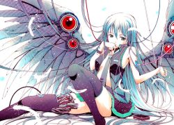 Rule 34 | 1girl, android, aqua eyes, aqua hair, blouse, cable, detached sleeves, feathers, finger to mouth, hair down, half-closed eyes, hand to own mouth, hatsune miku, long hair, mechanical wings, moonsorrow, navel, necktie, open clothes, open shirt, shirt, sitting, skirt, solo, thighhighs, very long hair, vocaloid, wings