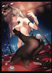 Rule 34 | 1girl, animal ears, arm up, ass, ball, billiard ball, black footwear, blurry, blurry background, boy bunny, breasts, closed mouth, cue stick, cup, drinking glass, fake animal ears, full body, high heels, highleg, highleg leotard, highres, holding, indoors, kneeling, leotard, light brown hair, long hair, looking at viewer, looking back, medium breasts, necomi, night, night sky, original, pantyhose, playboy bunny, pool table, pumps, rabbit ears, rabbit tail, red eyes, shoes, sideboob, simple background, sky, solo, stiletto heels, table, tail, wrist cuffs