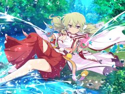 Rule 34 | 1girl, bell, blonde hair, blush, breasts, bush, capelet, crown, detached sleeves, dolphin, dual wielding, firing, firing at viewer, forest, frown, grass, hair between eyes, hair ornament, hair ribbon, hakama, high collar, hip vent, holding, japanese clothes, jingle bell, kafuru (senran kagura), kimono, looking at viewer, low twintails, medium breasts, midair, mini crown, mirror, nature, nontraditional miko, official alternate costume, official art, plant, purple eyes, red hakama, ribbon, ribbon-trimmed kimono, ribbon-trimmed sleeves, ribbon trim, river, rock, senran kagura, senran kagura estival versus, senran kagura new link, shiny skin, sideboob, solo, splashing, tailcoat, torn clothes, torn hakama, torn kimono, tree, twintails, v-shaped eyebrows, water, water gun, white capelet, white footwear, white ribbon, yaegashi nan