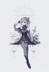 Rule 34 | 1girl, bare shoulders, black dress, black flower, black footwear, black rose, blonde hair, bodystocking, boots, bow, bowtie, chain, character name, commentary, copyright name, detached sleeves, dress, english text, eyepatch, fischl (genshin impact), flower, full body, genshin impact, grey background, grey pantyhose, grey sleeves, highres, holding, holding flower, long hair, looking at flowers, mokoppe, muted color, open mouth, pantyhose, purple bow, purple bowtie, purple liquid, rose, single leg pantyhose, single thighhigh, sitting, sleeveless, sleeveless dress, solo, thighhighs, two side up