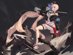 Rule 34 | 1girl, absurdly long hair, absurdres, ahoge, armband, balance (superdust), battle rifle, black footwear, black jacket, black thighhighs, blue armband, blue bow, blue eyes, blurry, blurry background, blurry foreground, bow, breasts, closed mouth, commentary, cropped jacket, debris, dress, dust, fal (girls&#039; frontline), fn fal, full body, girls&#039; frontline, gun, hair bow, highres, holding, holding gun, holding weapon, jacket, large breasts, long hair, long sleeves, off shoulder, outdoors, pink hair, rifle, ruins, short dress, solo, thigh strap, thighhighs, very long hair, weapon, white dress