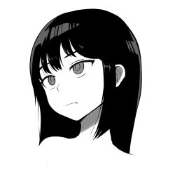 Rule 34 | 1girl, :s, closed mouth, greyscale, halftone, head tilt, highres, long hair, monochrome, original, portrait, simple background, solo, sookmo, upper body, white background