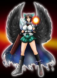 Rule 34 | 1girl, arm cannon, aura, belt, black gloves, black hair, black socks, black wings, blouse, bow, breasts, cape, feathered wings, gloves, green skirt, hair bow, highres, kneehighs, large breasts, loafers, long hair, microskirt, puffy short sleeves, puffy sleeves, red eyes, reiuji utsuho, shirt, shoes, short sleeves, skirt, socks, tasuro115, tasuro kuzuha, thighs, touhou, weapon, white shirt, wings