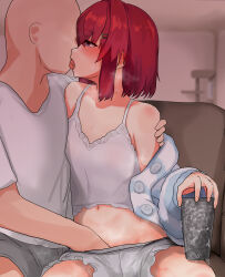 Rule 34 | 1boy, 1girl, absurdres, ange katrina, bare shoulders, blue eyes, blush, camisole, chimomi ya, cup, faceless, faceless male, fingering, french kiss, hair ornament, hairclip, hetero, highres, kiss, navel, nijisanji, official art, red hair, sitting, striped clothes, sweat, virtual youtuber