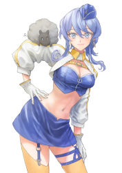 Rule 34 | 1girl, alternate costume, anchor symbol, bandeau, blue bandeau, blue hair, blue skirt, breasts, cowboy shot, earrings, garrison cap, gloves, gotland (kancolle), hair bun, hand on own hip, hat, highres, jacket, jewelry, kantai collection, long hair, looking at viewer, medium breasts, mole, mole under eye, navel, official alternate costume, race queen, sheep, simple background, single hair bun, skirt, smile, taruya, thigh strap, thighhighs, white background, white gloves