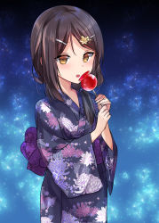 Rule 34 | 1girl, :o, absurdres, black kimono, blush, brown eyes, brown hair, candy apple, commentary request, fate/kaleid liner prisma illya, fate (series), floral print, food, hair ornament, hairclip, highres, holding, holding food, japanese clothes, kimono, long hair, long sleeves, miyu edelfelt, natsu (sinker8c), night, night sky, parted lips, print kimono, sky, solo, star (sky), star (symbol), star hair ornament, starry sky, teeth, upper teeth only, wide sleeves, yukata