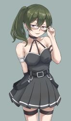 Rule 34 | 1girl, adjusting eyewear, arm behind back, arm strap, belt, bespectacled, black belt, black dress, breasts, choker, collarbone, commentary request, cowboy shot, dress, glasses, green background, green hair, half-closed eyes, hand up, highres, jitome, long hair, looking at viewer, o-ring, o-ring choker, parted lips, pleated dress, purple eyes, side ponytail, simple background, solo, sousou no frieren, standing, suspenders hanging, syagare, ubel (sousou no frieren)