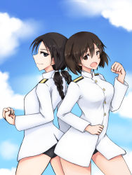 Rule 34 | 2girls, back-to-back, black eyes, black hair, blue sky, braid, brave witches, breasts, brown eyes, brown hair, clenched hand, cloud, hair between eyes, highres, isosceles triangle (xyzxyzxyz), karibuchi hikari, long hair, looking at viewer, medium breasts, medium hair, misumi miya, multiple girls, school swimsuit, shirt, sky, swimsuit, thighs, twin braids, white shirt, world witches series