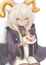 Rule 34 | 1girl, absurdres, animal ears, arknights, beeswax (arknights), black jacket, cake, cake slice, closed mouth, dark-skinned female, dark skin, dress, food, fruit, grey hair, hair between eyes, highres, holding, holding plate, horns, jacket, long sleeves, looking at viewer, open clothes, open jacket, piennamekuzi, plate, sitting, solo, strawberry, strawberry shortcake, utensil in mouth, white background, white dress, wide sleeves, yellow eyes