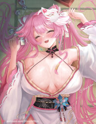 1girl :3 animal_ears artist_name black_choker black_sash blush breasts choker closed_eyes collarbone commentary english_commentary fang fingernails hair_ornament hair_ribbon hair_stick heart_collar highres hiroshi_shin hololive hololive_english japanese_clothes kimono large_breasts long_hair long_sleeves lying multicolored_hair nail_polish on_back open_mouth panther_ears panther_girl patreon_username pink_hair pink_nails raora_panthera raora_panthera_(new_year) ribbon sash shiny_skin skin_fang smile solo spill streaked_hair sweat tatami thighs twintails twitter_username virtual_youtuber watermark web_address white_kimono white_ribbon