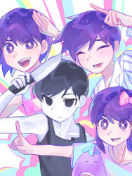 Rule 34 | 1girl, 3boys, arm up, aubrey (headspace) (omori), aubrey (omori), bare shoulders, black eyes, black hair, black tank top, blue pajamas, blush, bow, bright pupils, brothers, checkered clothes, checkered shirt, closed eyes, closed mouth, collarbone, collared shirt, colored skin, hair between eyes, hair bow, hero (headspace) (omori), hero (omori), highres, holding, holding knife, holding stuffed toy, index finger raised, iro (mywife sunny), kel (headspace) (omori), kel (omori), knife, long sleeves, looking at viewer, lower teeth only, multiple boys, no pupils, omori, omori (omori), open mouth, pajamas, pink bow, purple eyes, purple hair, shirt, short hair, short sleeves, siblings, sleeveless, smile, striped clothes, striped pajamas, striped shirt, stuffed eggplant, stuffed toy, tank top, teeth, vertical-striped clothes, vertical-striped pajamas, vertical-striped shirt, white pajamas, white pupils, white skin