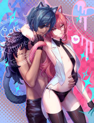 Rule 34 | 2boys, animal ears, black gloves, blue eyes, blush, cat ears, closed mouth, dark-skinned male, dark skin, diluc (genshin impact), earrings, eyepatch, fylus, genshin impact, gloves, hair between eyes, highres, holding, jacket, jewelry, kaeya (genshin impact), long hair, male focus, multicolored hair, multiple boys, muscular, muscular male, necktie, nipples, open clothes, open mouth, open shirt, pants, ponytail, red eyes, red hair, shirt, simple background, smile, twitter username, underwear, vest, yaoi