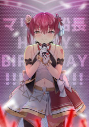 Rule 34 | 1girl, absurdres, blush, breasts, concert, cowboy shot, english text, flower, gloves, glowstick, hair between eyes, hair flower, hair ornament, happy birthday, heterochromia, highres, hololive, houshou marine, koubou (cowbow kun), looking at viewer, medium breasts, microphone, midriff, navel, red eyes, shoulder tattoo, sleeveless, smile, solo, tattoo, thighhighs, thighs, virtual youtuber, white gloves, yellow eyes