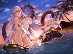 Rule 34 | 1girl, backlighting, bare shoulders, bb (fate), bb (fate) (all), bb (swimsuit mooncancer) (fate), bb (swimsuit mooncancer) (third ascension) (fate), blue sky, blush, breasts, casual one-piece swimsuit, closed mouth, clothes pull, cloud, cloudy sky, commentary request, covered navel, day, fate/grand order, fate (series), frontal wedgie, gloves, hair ribbon, highleg, highleg swimsuit, highres, large breasts, leotard, long hair, looking at viewer, ocean, one-piece swimsuit, one-piece swimsuit pull, outdoors, purple eyes, purple hair, red ribbon, ribbon, see-through, shibi, sky, smile, solo, standing, sun, sunlight, sunset, swimsuit, tentacles, tree, very long hair, wading, water, wedgie, wet, white gloves, white one-piece swimsuit