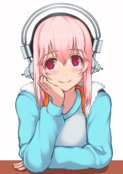 Rule 34 | 1girl, breasts, head rest, deni m, hand on own chin, headphones, large breasts, long hair, looking at viewer, nitroplus, pink hair, red eyes, smile, solo, super sonico