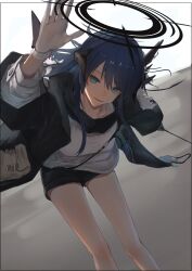 Rule 34 | 1girl, absurdres, arknights, black shorts, blue eyes, blue hair, breasts, dark halo, dutch angle, feet out of frame, gloves, halo, hetare galm sue, highres, holding, holding wand, jacket, layered sleeves, long hair, long sleeves, looking at viewer, mostima (arknights), open clothes, open jacket, open mouth, shirt, shorts, small breasts, solo, wand, white gloves, white shirt
