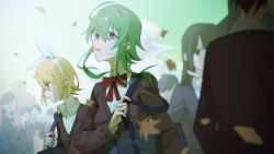 Rule 34 | 6+girls, autumn leaves, bag, black cardigan, blonde hair, blue eyes, bow, bow hairband, cardigan, commentary, crowd, falling leaves, green eyes, green hair, gumi, hair bow, hairband, highres, kagamine rin, leaf, looking up, medium hair, multiple girls, neck ribbon, parted lips, red ribbon, ribbon, school uniform, short hair, shoulder bag, sidelocks, upper body, vocaloid, white bow, wounds404