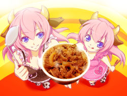 Rule 34 | 2girls, :q, animal ears, animal print, breasts, child, chopsticks, cleavage, cow ears, cow print, dress, dual persona, food, from above, gyuudon, haru aki, horns, ladle, large breasts, long hair, medium breasts, megurine luka, multiple girls, pink hair, purple eyes, smile, tongue, tongue out, vocaloid
