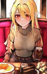 Rule 34 | 1girl, :&gt;, absurdres, alternate costume, black gloves, blonde hair, blush, booth seating, brown sweater, cake, can, commentary, english commentary, food, gloves, highres, holding, holding can, indoors, katsu (food), leather belt, long hair, looking at viewer, meat, naokomama, nijisanji, nijisanji en, off shoulder, plate, pointy ears, pomu rainpuff, pov dating, red eyes, restaurant, smile, solo, sweater, virtual youtuber