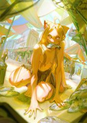 Rule 34 | 1girl, absurdres, animal ear fluff, animal ears, arm support, bad id, bad pixiv id, barefoot, blonde hair, blue eyes, blurry, breasts, building, canopy (shelter), cat ears, cat girl, commentary, dappled sunlight, day, depth of field, dutch angle, earrings, english commentary, faceless, faceless male, fang, fingernails, fish, fish in mouth, fishnets, full body, green nails, hair between eyes, hair censor, hair over breasts, highres, jewelry, lamppost, long hair, looking at viewer, market, medium breasts, miniskirt, mistcq, mouth hold, multiple earrings, nail polish, on one knee, original, outdoors, pleated skirt, ribbon, sharp fingernails, skin fang, skirt, slit pupils, small breasts, solo focus, sunlight, topless, very long hair