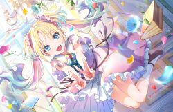 Rule 34 | 1girl, :d, ankle socks, aqua ascot, ascot, black footwear, blonde hair, blue eyes, blue hair, book, breasts, chandelier, double v, dream believers (love live!), dress, eraser, fang, feet up, floating, floating hair, flower, frilled dress, frills, full body, game cg, gradient hair, hair flower, hair ornament, highres, link! like! love live!, long hair, looking at viewer, love live!, mary janes, multicolored hair, official art, open mouth, osawa rurino, parted bangs, petals, pink dress, shoes, short sleeves, sidelocks, small breasts, smile, socks, solo, third-party source, twintails, two-tone hair, v, white flower, white socks