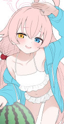Rule 34 | 1girl, absurdres, ahoge, arm up, bare shoulders, bikini, blue archive, blue eyes, blue hoodie, blush, collarbone, commentary request, drawstring, fang, food, fruit, hair bobbles, hair ornament, halo, heterochromia, highres, hood, hoodie, hoshino (blue archive), hoshino (swimsuit) (blue archive), leaning forward, long hair, looking at viewer, mistel (sukebemistel), official alternate costume, open clothes, open hoodie, open mouth, pink hair, simple background, skin fang, smile, solo, sweatdrop, swimsuit, very long hair, watermelon, white background, white bikini, yellow eyes