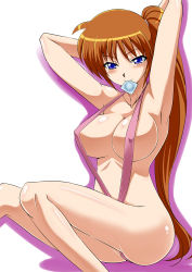 Rule 34 | 00s, 1girl, blush, brown hair, condom, condom in mouth, condom wrapper, long hair, lyrical nanoha, mahou shoujo lyrical nanoha, mahou shoujo lyrical nanoha strikers, mouth hold, naughty face, purple eyes, side ponytail, slingshot swimsuit, solo, swimsuit, takamachi nanoha, zerosu (take out)