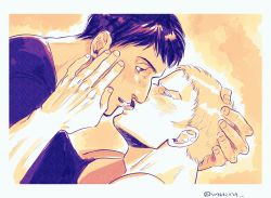 Rule 34 | 2boys, alternate costume, bertolt hoover, blonde hair, blush, casual, hand on another&#039;s face, hand on another&#039;s head, imminent kiss, male focus, monochrome, multiple boys, ni yuu, portrait, reiner braun, shingeki no kyojin, shirt, short hair, tongue, tongue out, upper body, yaoi, yellow theme