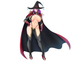 Rule 34 | 1girl, areola slip, breasts, cape, closed mouth, dinelynd, elf, feet, full body, game cg, gloves, groin, hand on own hip, hat, high heels, highres, huge breasts, huracan, kyonyuu elf oyako saimin, legs, long hair, looking at viewer, lune (company), navel, pointy ears, purple hair, red gloves, revealing clothes, seductive smile, smile, solo, standing, thighhighs, thighs, transparent background, witch hat