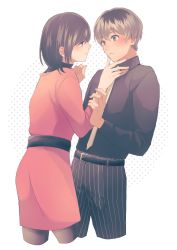 Rule 34 | 1boy, 1girl, belt, black belt, black hair, black shirt, brown pantyhose, character request, commentary request, cropped legs, dress, dual persona, eye contact, grey necktie, hand on another&#039;s chin, kaneki ken, long sleeves, looking at another, medium hair, multicolored hair, nabe-box, necktie, pants, pantyhose, red dress, sasaki haise, sasako (tokyo ghoul), shirt, short hair, striped clothes, striped pants, tokyo ghoul, tokyo ghoul:re, two-tone hair, white background