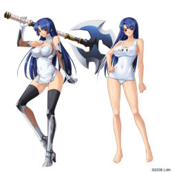 Rule 34 | 00s, 1girl, armor, axe, bare shoulders, barefoot, black thighhighs, blue hair, blunt bangs, blush, boots, breasts, cleavage, cleavage cutout, clenched hand, closed mouth, clothing cutout, company name, contrapposto, covered erect nipples, covered navel, dated, dress, elbow gloves, fishnets, full body, game cg, gloves, greaves, halterneck, hand on own hip, hand up, high heel boots, high heels, hime cut, hip focus, holding, holding weapon, huge weapon, kagami hirotaka, knee boots, large breasts, legs, long hair, looking at viewer, multiple views, name tag, ninja, official art, one-piece swimsuit, panties, pantyshot, parted bangs, pelvic curtain, red eyes, school swimsuit, short dress, sideboob, simple background, single vertical stripe, skin tight, standing, swimsuit, taimanin (series), taimanin asagi, taimanin murasaki, taut clothes, thighhighs, turtleneck, underwear, very long hair, weapon, white background, white one-piece swimsuit, white panties, yatsu murasaki