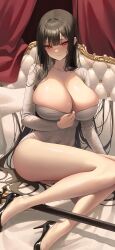 Rule 34 | 1girl, absurdres, bare legs, blush, breasts, bursting breasts, cleavage, closed mouth, commission, covered navel, dongtan dress, dress, high heels, highres, huge breasts, long hair, long sleeves, looking at viewer, meme attire, mohaka (m 0haka), original, second-party source, short dress, sidelocks, sitting, smile, solo, sword, very long hair, weapon, yokozuwari