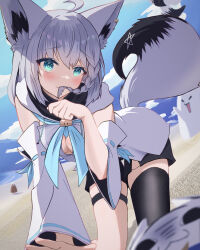 Rule 34 | 1girl, absurdres, ahoge, all fours, animal ear fluff, animal ears, black shorts, black thighhighs, blue neckerchief, blush, braid, breasts, cat day, cleavage, cloud, cloudy sky, commentary, commentary request, detached sleeves, dutch angle, earrings, english commentary, fox ears, fox girl, fox tail, fubuzilla (shirakami fubuki), green eyes, hair between eyes, hair in own mouth, highres, hololive, hood, hoodie, jewelry, long hair, looking at viewer, medium breasts, miteiru (shirakami fubuki), neckerchief, oruyanke (shirakami fubuki), paw pose, pentagram, shirakami fubuki, shirakami fubuki (1st costume), short shorts, shorts, sidelocks, single braid, single thighhigh, sky, tail, thigh strap, thighhighs, virtual youtuber, white hair, white hoodie, yuki waraneko