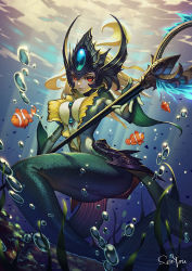 Rule 34 | 1girl, artist name, blonde hair, breasts, bubble, center opening, clownfish, colored skin, fish, forehead jewel, green skin, helmet, highres, large breasts, league of legends, mermaid, monster girl, nami (league of legends), red eyes, see you, smile, solo, staff, tropical fish, underwater