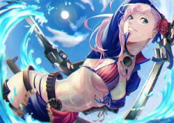 Rule 34 | 1girl, absurdres, american flag bikini, arm behind back, arm up, bikini, black gloves, blue eyes, blue ribbon, blue sky, breasts, chromatic aberration, day, dual wielding, fate/grand order, fate (series), fingerless gloves, flag print, gloves, grin, gunblade, hair ornament, highres, holding, holding sword, holding weapon, lens flare, long hair, long sleeves, looking at viewer, medium breasts, miyamoto musashi (fate), miyamoto musashi (fate/grand order), miyamoto musashi (swimsuit berserker) (fate), miyamoto musashi (swimsuit berserker) (second ascension) (fate), outdoors, pink hair, repurika, ribbon, shrug (clothing), signature, sky, smile, solo, summer, sun, swimsuit, sword, underboob, weapon