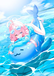 Rule 34 | 1girl, ahoge, ass, beads, bikini, blue archive, blue eyes, blue jacket, dice gt, eyewear on head, frilled bikini, frills, hair beads, hair ornament, halo, heterochromia, highres, hoshino (blue archive), hoshino (swimsuit) (blue archive), inflatable toy, jacket, looking at viewer, lying, on stomach, outdoors, pink hair, sandals, smile, solo, swimsuit, yellow eyes