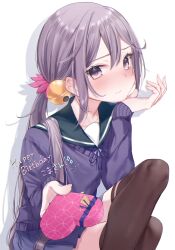 Rule 34 | 1girl, akebono (kancolle), bell, black thighhighs, box, cardigan, feet out of frame, fingernails, flower, gift, gift art, gift box, green sailor collar, hair bell, hair flower, hair ornament, heart-shaped box, highres, holding, holding gift, jingle bell, kanae (inorin05kanae), kantai collection, long hair, long sleeves, pink flower, purple cardigan, purple eyes, purple hair, sailor collar, side ponytail, simple background, solo, thighhighs, white background
