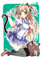 Rule 34 | 1girl, :o, ahoge, animal ears, bad id, bad pixiv id, bell, black thighhighs, blue skirt, blush, blush stickers, book, brown eyes, brown hair, cat, cat ears, cat tail, from side, green background, hair bell, hair intakes, hair ornament, hair ribbon, highres, kneeling, legs, loafers, long hair, looking at viewer, looking to the side, masushita, mf bunko, open book, original, plaid, plaid ribbon, reading, ribbon, school uniform, shoes, simple background, skirt, tail, tareme, thighhighs, two side up
