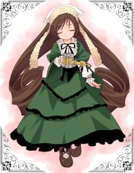 Rule 34 | 00s, 1girl, bow, brown hair, curly hair, dress, drill hair, closed eyes, frills, hat, holding, long hair, long sleeves, mary janes, ribbon, rozen maiden, shoes, smile, solo, suiseiseki, tatsukichi, twin drills, twintails, watering can