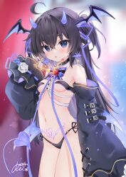 Rule 34 | 1girl, absurdres, ahoge, bare shoulders, black hair, black panties, blue eyes, blue horns, blush, breasts, commentary request, commission, demon girl, demon tail, demon wings, detached sleeves, earrings, hair between eyes, hair ribbon, hand up, head wings, highres, horns, jewelry, long hair, long sleeves, looking at viewer, navel, original, panties, parted lips, pubic tattoo, purple ribbon, revealing clothes, ribbon, rucaco, skeb commission, sleeves past wrists, small breasts, solo, stomach tattoo, tail, tattoo, underwear, wings