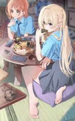 Rule 34 | 2girls, barefoot, blonde hair, blue eyes, blue necktie, blue shirt, braid, breast pocket, cellphone, chabudai (table), collared shirt, commentary request, controller, cup, diagonal-striped clothes, diagonal-striped necktie, drinking, earrings, eating, electric fan, food, glaze artifacts, grey skirt, hair tie, hair tie on wrist, highres, indoors, jewelry, long hair, looking ahead, multiple girls, necktie, orange hair, original, phone, pocket, poligon (046), remote control, school uniform, shirt, shirt tucked in, short hair, short sleeves, side braid, sitting, skirt, snack, soles, striped clothes, table, teacup, teapot, yellow eyes, yokozuwari