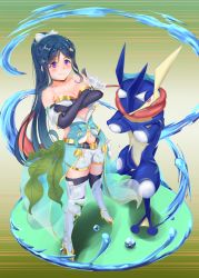 Rule 34 | 1girl, absurdres, artist request, bare shoulders, black gloves, blue hair, blush, bow, breasts, cleavage, collarbone, creatures (company), detached collar, elbow gloves, female focus, game freak, gen 6 pokemon, gloves, greninja, highres, jewelry, long hair, looking at viewer, love live!, love live! sunshine!!, matsuura kanan, nintendo, pokemon, pokemon (creature), ponytail, purple eyes, purple hair, sidelocks, smile, solo, upper body