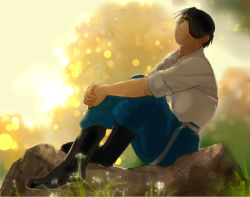 Rule 34 | 1boy, backlighting, black eyes, black footwear, black hair, blue pants, blurry, blurry background, boots, collared shirt, conqueror of shambala, crossed ankles, dress shirt, eyepatch, fingernails, flower, full body, fullmetal alchemist, grass, hands on own leg, happy, head back, lens flare, light smile, looking afar, male focus, nature, outdoors, own hands together, pants, rock, roy mustang, shirt, sitting, sitting on rock, sky, sleeves rolled up, sunset, tree, urikurage, white flower, white shirt, yellow sky